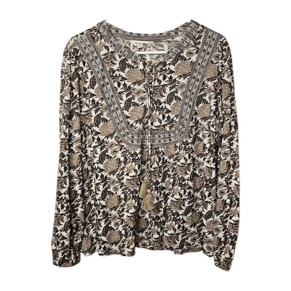 Lucky Brand Top Women's Size XL Boho Beige Brown Blouse V-Neck Tassel Boxy Fall
